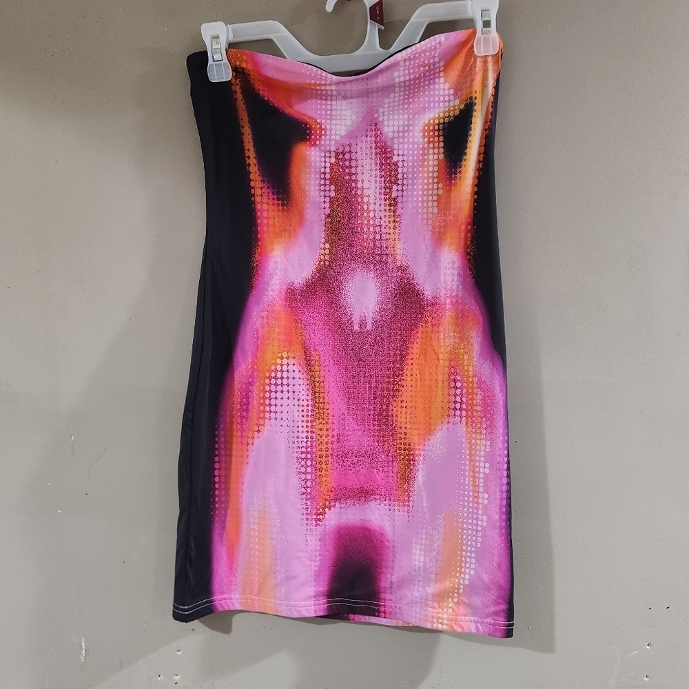 White Fox Neon Pink Black Rave Strapless Dress Size Large